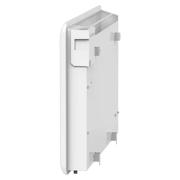 Purline Emisor térmico Ceramic A2000 WiFi - 2.000 W, Blanco, 9 x 82 x 50 cm, Cerámico - Vista de un radiador blanco. El diseño es simple, con ranuras de ventilación y dispositivos de montaje para la fijación a la pared.
