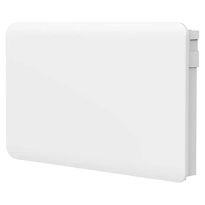 Purline Emisor térmico Ceramic A2000 WiFi - 2.000 W, Blanco, 9 x 82 x 50 cm, Cerámico - Primer plano de una cubierta de radiador blanca con bordes redondeados y una superficie lisa, que muestra un elemento de diseño moderno.