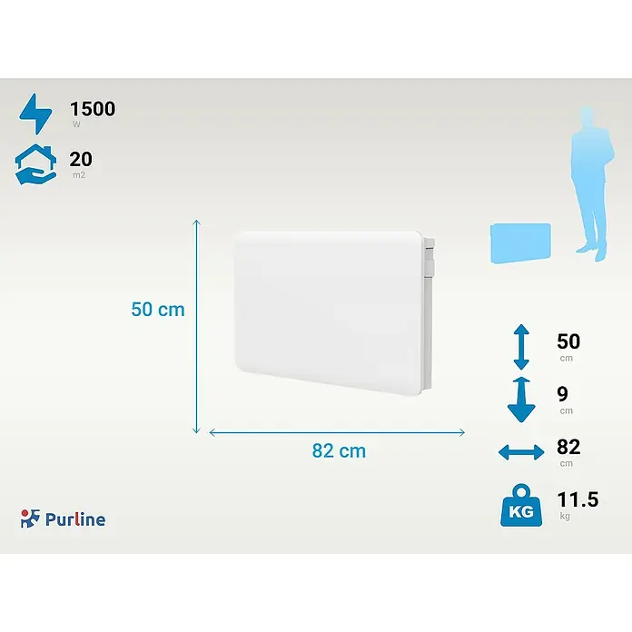 Purline Emisor térmico Ceramic A2000 WiFi - 2.000 W, Blanco, 9 x 82 x 50 cm, Cerámico - Imagen del producto de un panel calefactor Purline que mide 82 x 50 x 9 cm y pesa 11,5 kg, adecuado para habitaciones de hasta 20 m².