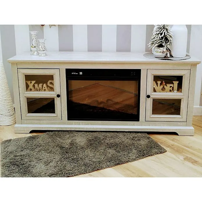 Purline Chimenea eléctrica CHE-900 - Gris, 2.000 W, 40 x 147 x 63 cm - El mueble de TV con vitrinas y chimenea eléctrica ofrece almacenamiento elegante y un ambiente acogedor. Elementos navideños decorativos adornan la estantería.