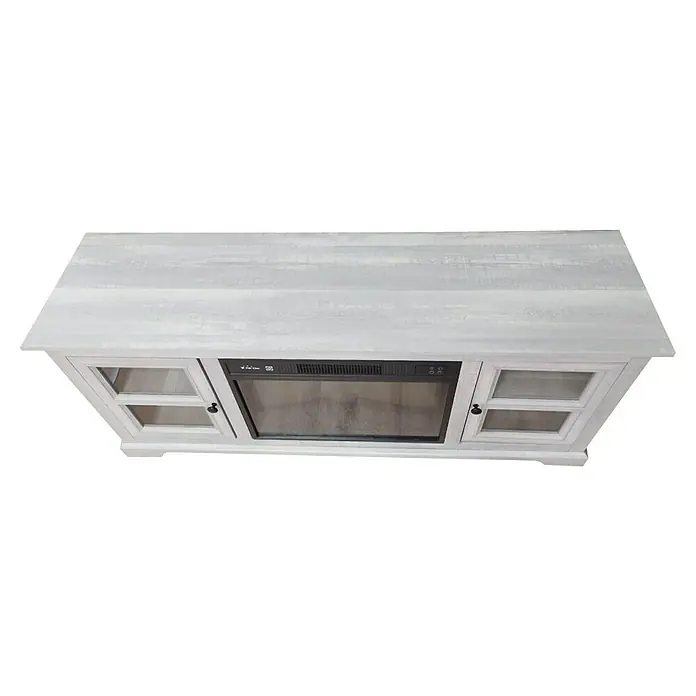 Purline Chimenea eléctrica CHE-900 - Gris, 2.000 W, 40 x 147 x 63 cm - Primer plano de un mueble de TV blanco con inserciones de vidrio y una chimenea eléctrica, creando un ambiente acogedor.