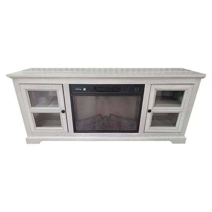 Purline Chimenea eléctrica CHE-900 - Gris, 2.000 W, 40 x 147 x 63 cm - Mueble bajo de color claro con dos vitrinas de cristal y una chimenea eléctrica integrada para un ambiente acogedor en el salón.