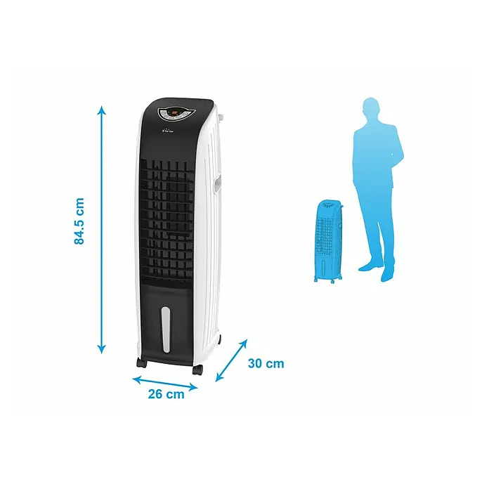 Purline Rafy Climatizador evaporativo 97 - Blanco y Negro, Altura: 84,5 cm - Imagen de un enfriador de aire móvil con dimensiones de 84,5 cm de altura, 26 cm de ancho y 30 cm de profundidad.