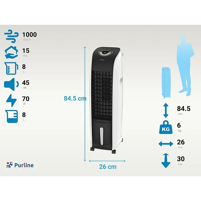 Purline Rafy Climatizador evaporativo 97 - Blanco y Negro, Altura: 84,5 cm - Imagen del producto de un enfriador de aire evaporativo portátil PURLINE con dimensiones y detalles del producto, ideal para los días calurosos.