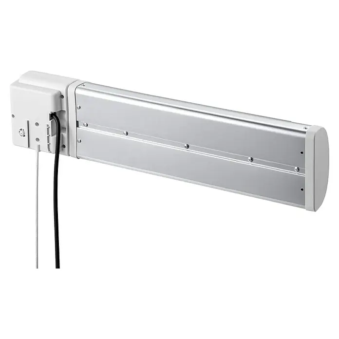 Purline Calefactor halógeno Heaty B1200 - 10,5 x 63 x 15 cm - Primer plano de un motor de persiana enrollable con carcasa blanca y cables visibles, montado sobre un fondo oscuro.