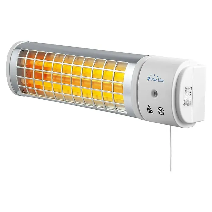 Purline Calefactor halógeno Heaty B1200 - 10,5 x 63 x 15 cm - Un primer plano de un calentador Pur Line, con calefacción de cuarzo y una rejilla protectora, diseñado para uso en interiores.