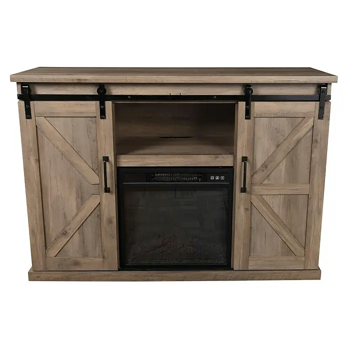 Purline Chimenea eléctrica con marco MDF CHE-910 - Marrón, 2.000 W, 40 x 137 x 82 cm - El centro de entretenimiento con puerta corredera estilo puerta de granero con chimenea eléctrica ofrece encanto rústico y funcionalidad moderna.
