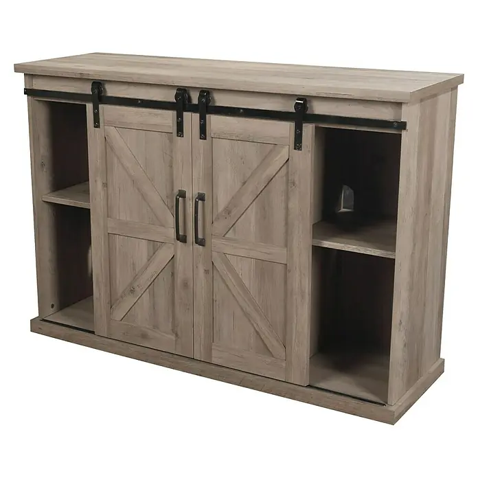 Purline Chimenea eléctrica con marco MDF CHE-910 - Marrón, 2.000 W, 40 x 137 x 82 cm - Aparador de madera clara con puertas correderas estilo granero y estantes laterales para un almacenamiento elegante.