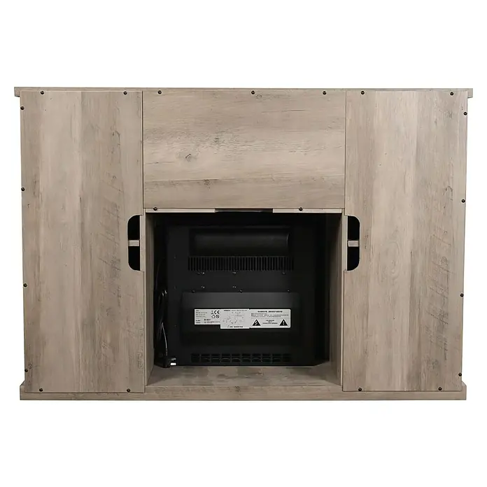 Purline Chimenea eléctrica con marco MDF CHE-910 - Marrón, 2.000 W, 40 x 137 x 82 cm - Primer plano de la parte posterior de una chimenea eléctrica gris con aspecto de madera con un calentador incorporado.