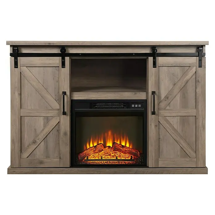 Purline Chimenea eléctrica con marco MDF CHE-910 - Marrón, 2.000 W, 40 x 137 x 82 cm - Consola multimedia rústica con chimenea eléctrica. La consola tiene puertas correderas estilo granero y efecto de llama realista.