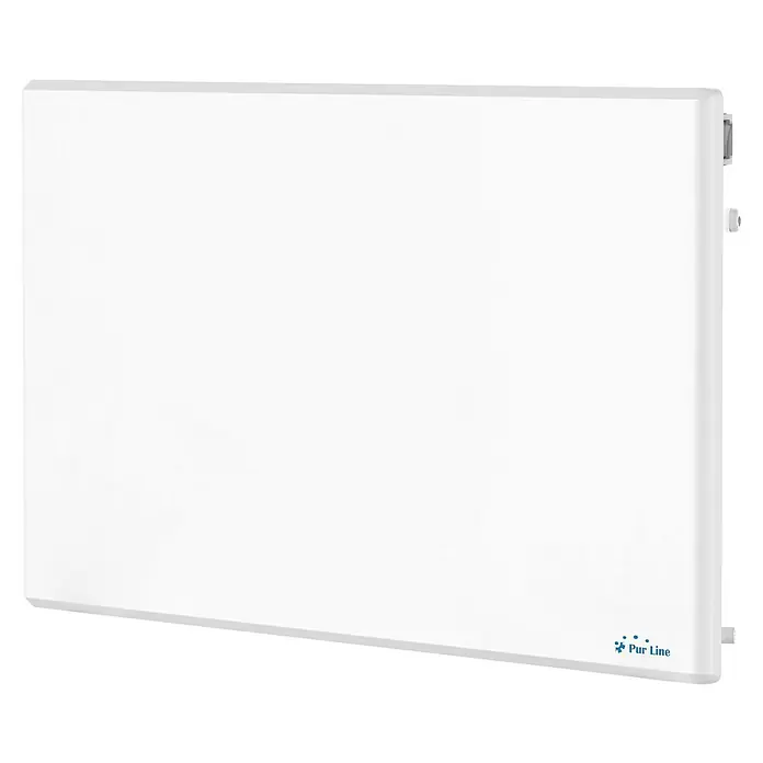 Purline Emisor térmico digital Panel S1500 - 1.500 W, Blanco, 8 x 70 x 40 cm - La imagen muestra un radiador Pur Line blanco, ideal para la calefacción eficiente y elegante de habitaciones con diseño moderno.