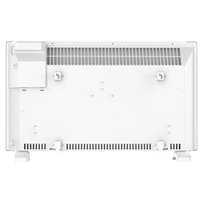Purline Emisor térmico digital Panel S1500 - 1.500 W, Blanco, 8 x 70 x 40 cm - Vista posterior de un radiador blanco con rejillas de ventilación, soportes de pared y patas. Ideal para una distribución eficiente del calor.