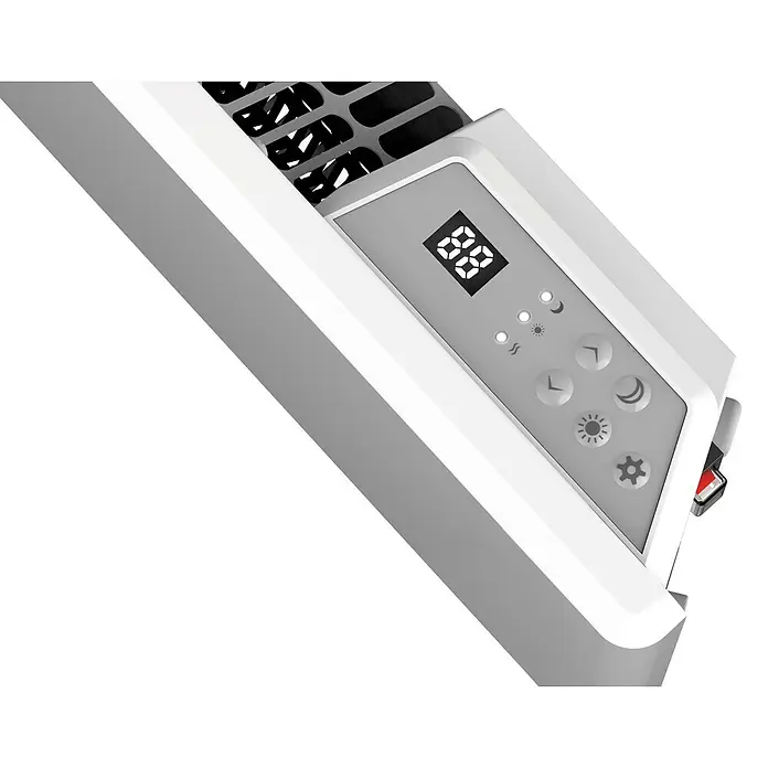 Purline Emisor térmico digital Panel S1500 - 1.500 W, Blanco, 8 x 70 x 40 cm - Primer plano de un calentador blanco moderno con pantalla digital y controles táctiles para la regulación de la temperatura.