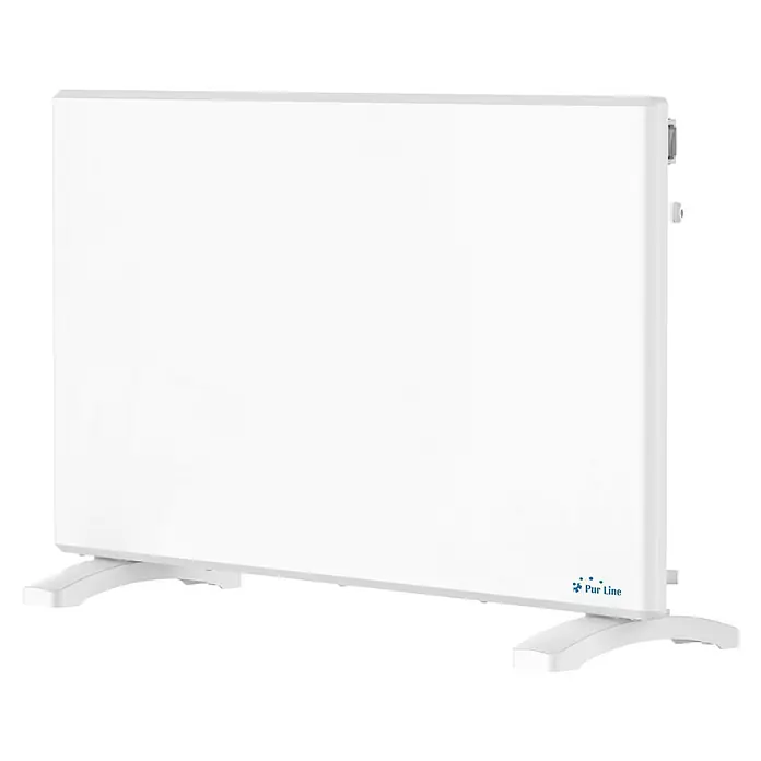 Purline Emisor térmico digital Panel S1500 - 1.500 W, Blanco, 8 x 70 x 40 cm - Primer plano de un calefactor de convección Pur Line blanco sobre un fondo negro.