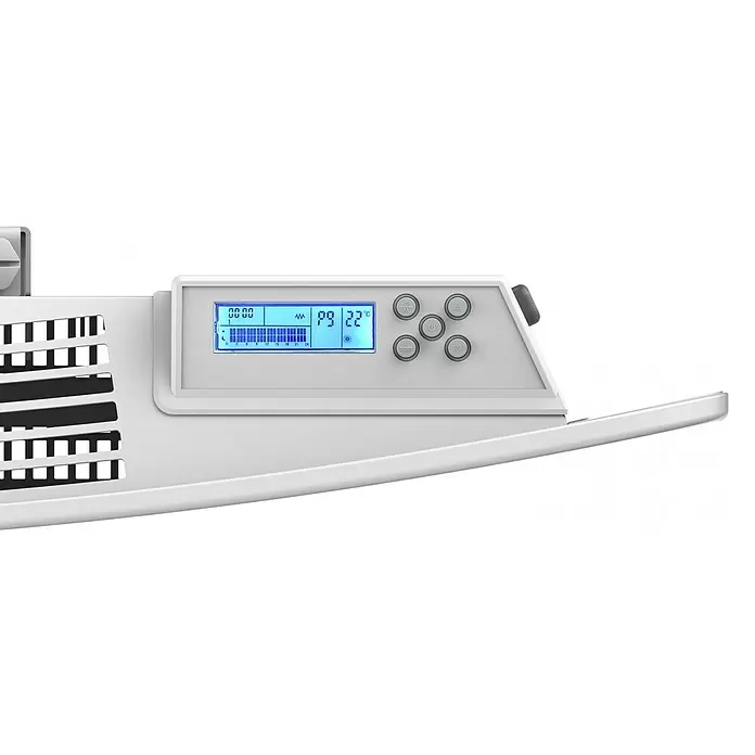 Purline Emisor térmico Ceramic AC1000 WiFi - 1.000 W, Blanco, 10 x 73 x 53 cm - Termostato digital blanco con pantalla LCD azul que muestra "P9 22°C" y varios botones de control redondos.