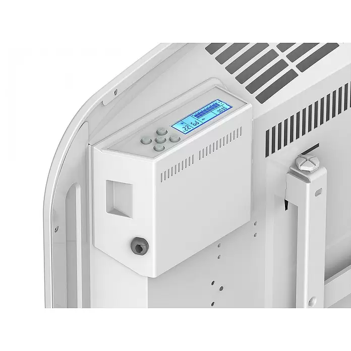 Purline Emisor térmico Ceramic AC1000 WiFi - 1.000 W, Blanco, 10 x 73 x 53 cm - Radiador eléctrico digital blanco con pantalla LCD azul y panel de control, mostrando rejillas de ventilación y soporte de montaje.