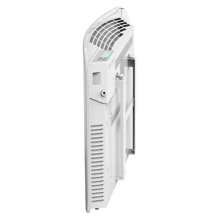 Purline Emisor térmico Ceramic AC1000 WiFi - 1.000 W, Blanco, 10 x 73 x 53 cm - Dispositivo electrónico rectangular blanco con panel de control, rejillas superiores, lamas laterales y un soporte de montaje.