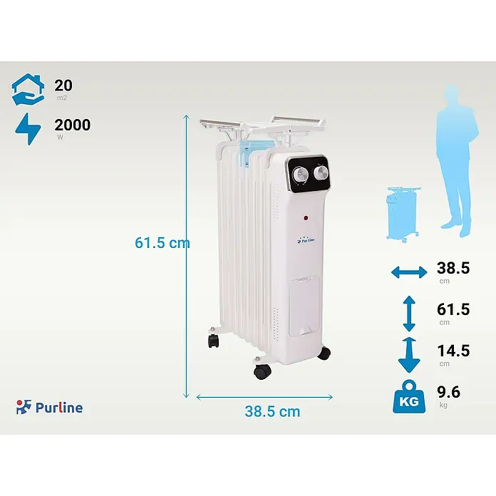 Purline Radiador de aceite HOTI OR2000 - 2.000 W, Blanco, 14,5 x 38,5 x 61,5 cm - Imagen de un radiador de aceite Purline blanco con dimensiones, apto para habitaciones de hasta 20 m², 2000 W de potencia y 9,6 kg de peso.
