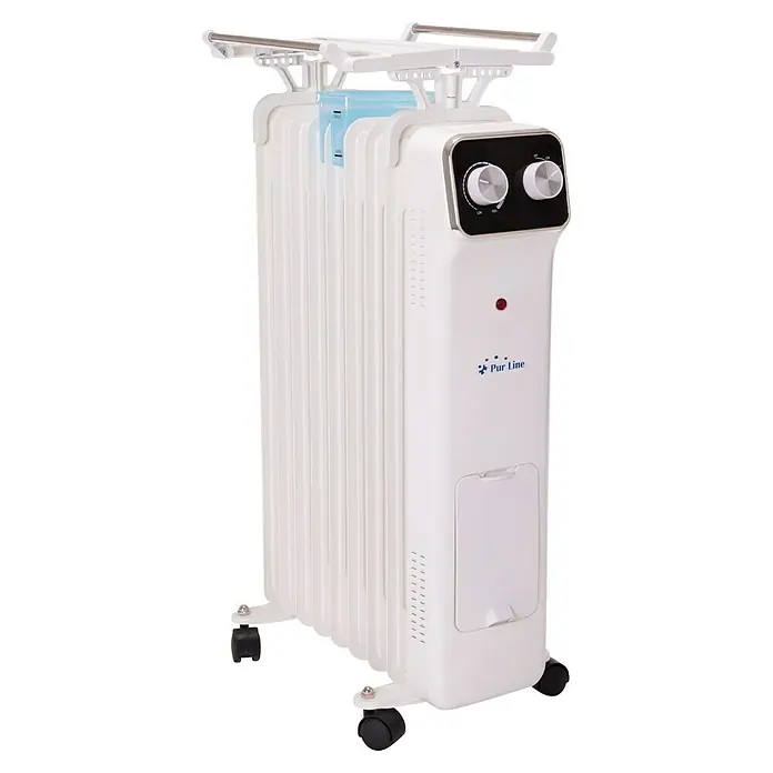 Purline Radiador de aceite HOTI OR2000 - 2.000 W, Blanco, 14,5 x 38,5 x 61,5 cm - Un radiador de aceite Purline blanco con termostato y alas extensibles para secar la ropa, perfecto para dormitorio o salón.