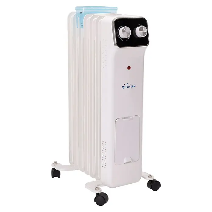 Purline Radiador de aceite HOTI OR2000 - 2.000 W, Blanco, 14,5 x 38,5 x 61,5 cm - Imagen de un radiador de aceite blanco Pur Line con controles y ruedas para facilitar su transporte. Ideal para calentar el hogar.