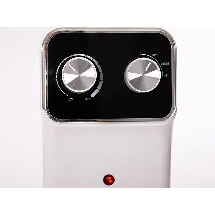 Purline Radiador de aceite HOTI OR2000 - 2.000 W, Blanco, 14,5 x 38,5 x 61,5 cm - Primer plano de un calentador con dos perillas, una para la potencia y otra para la temperatura, con la luz indicadora brillando en rojo.