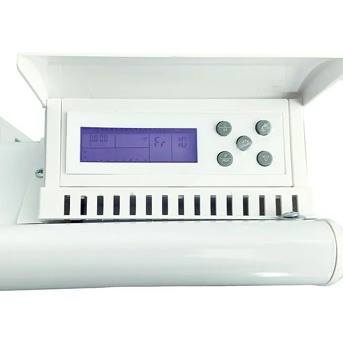 Purline Emisor térmico Micairon A2000 WiFi - 2.000 W, Blanco, 10 x 90 x 55 cm - Primer plano de un termostato de radiador blanco con pantalla digital y botones de control para la regulación de la temperatura.