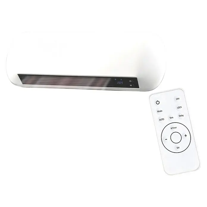 Purline Calefactor de aire Split HOTI M55 - 2.000 W, Blanco - Un radiador blanco con pantalla digital y un mando a distancia sobre un fondo negro.