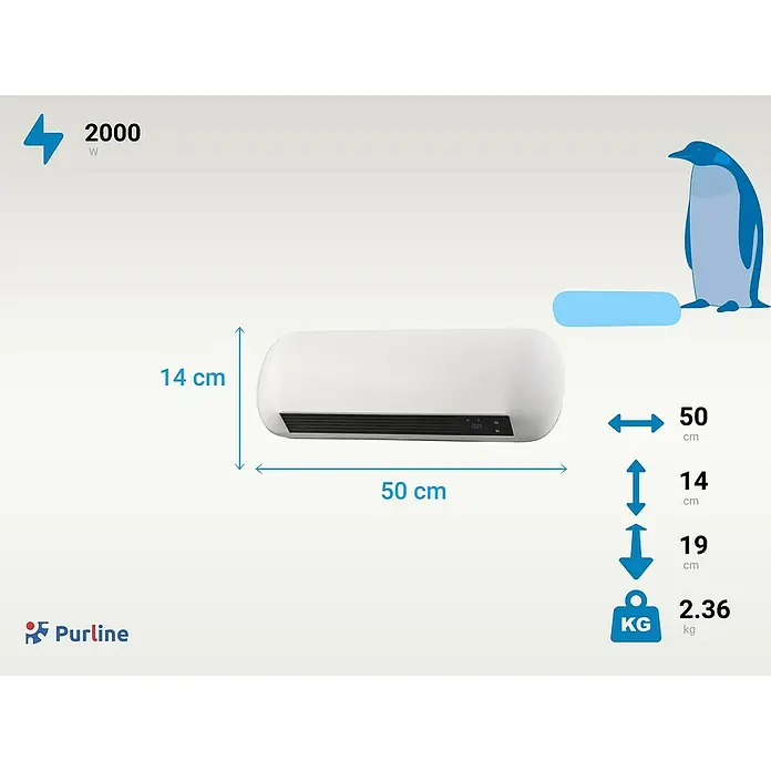 Purline Calefactor de aire Split HOTI M55 - 2.000 W, Blanco - Imagen del producto de un calefactor Purline con dimensiones 50x14x19 cm y un peso de 2.36 kg. La potencia es de 2000W.