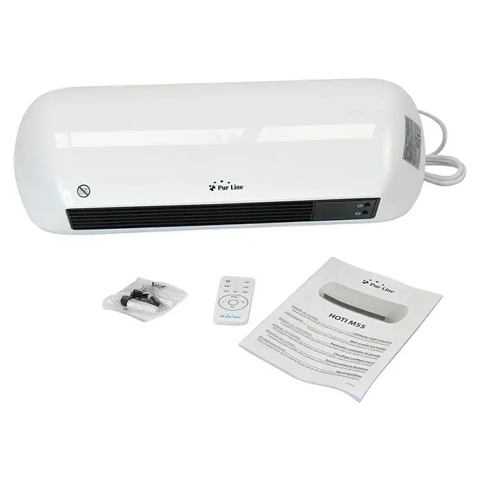 Purline Calefactor de aire Split HOTI M55 - 2.000 W, Blanco - Imagen de un calefactor de pared Pur Line HOTI M55 junto con accesorios y manual de instrucciones.