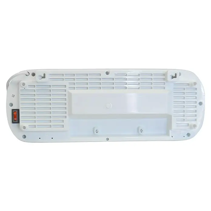 Purline Calefactor de aire Split HOTI M55 - 2.000 W, Blanco - Parte trasera de una lámpara UV de uñas blanca con rejillas de ventilación, interruptor y orificios de montaje para fijación a pared.