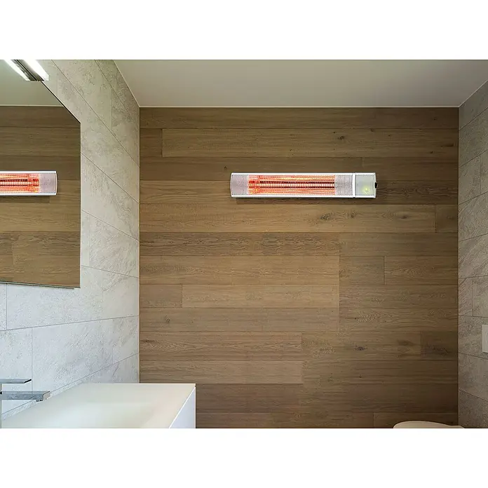Purline Calefactor halógeno Heaty EX2000 RC - 10,5 x 63 x 15 cm - Un primer plano de un calentador infrarrojo en una pared de madera en un baño, que irradia un calor agradable.