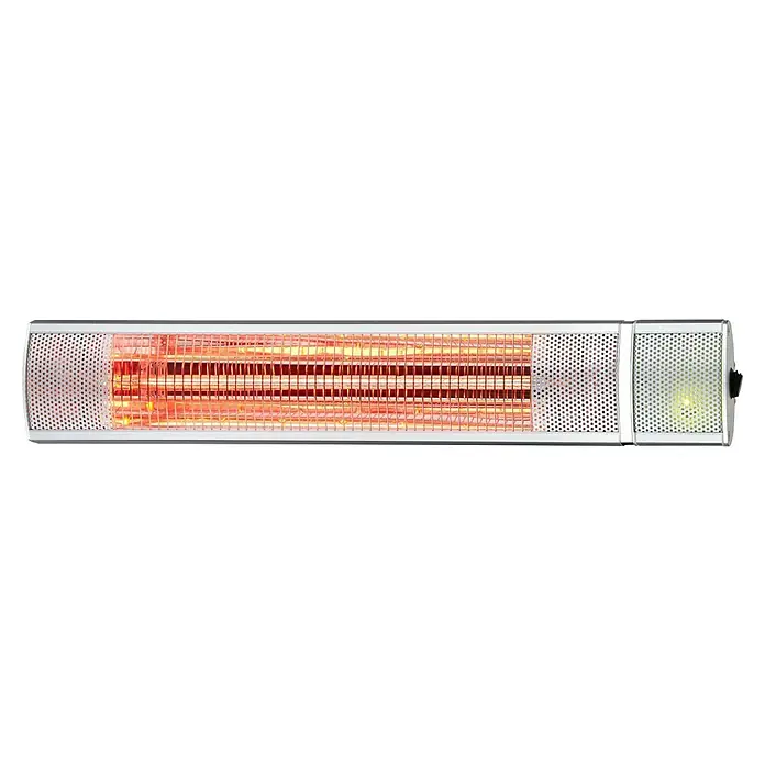 Purline Calefactor halógeno Heaty EX2000 RC - 10,5 x 63 x 15 cm - Un calentador radiante horizontal de color plateado con una carcasa metálica perforada y un elemento calefactor brillante en su interior.