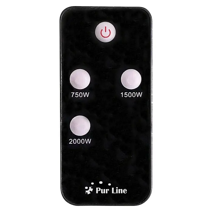 Purline Calefactor halógeno Heaty EX2000 RC - 10,5 x 63 x 15 cm - Primer plano de un mando a distancia Pur Line, con botones de configuración de energía y un interruptor de encendido/apagado, que destaca el funcionamiento fácil de usar del dispositivo.