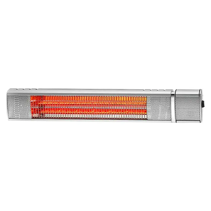 Purline Calefactor halógeno Heaty EX2000 RC - 10,5 x 63 x 15 cm - Primer plano de un calentador infrarrojo con rejilla protectora, irradiando calor, perfecto para espacios interiores y exteriores.