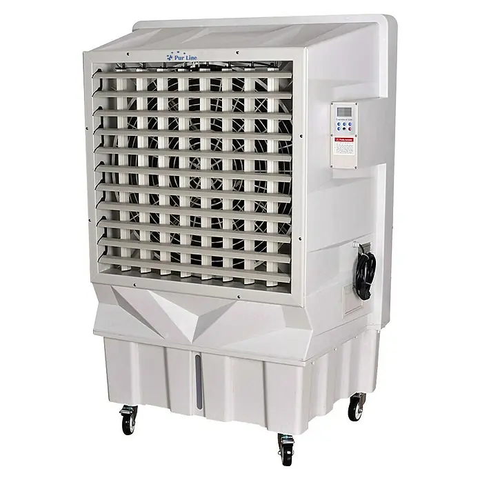 Purline Rafy Climatizador evaporativo 300 - Blanco, Altura: 154 cm - Un refrigerador evaporativo móvil Pur Line blanco con rejilla de ventilación y panel de control. ¡Ideal para combatir el calor!