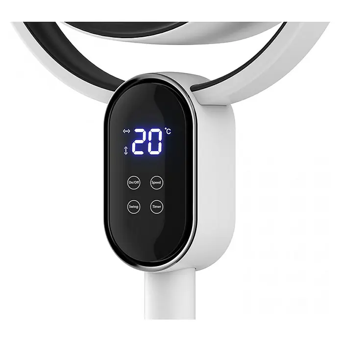 Purline Venty Ventilador de sobremesa Apollo - Blanco - Primer plano de un ventilador blanco moderno con una pantalla digital que muestra 20 grados Celsius.