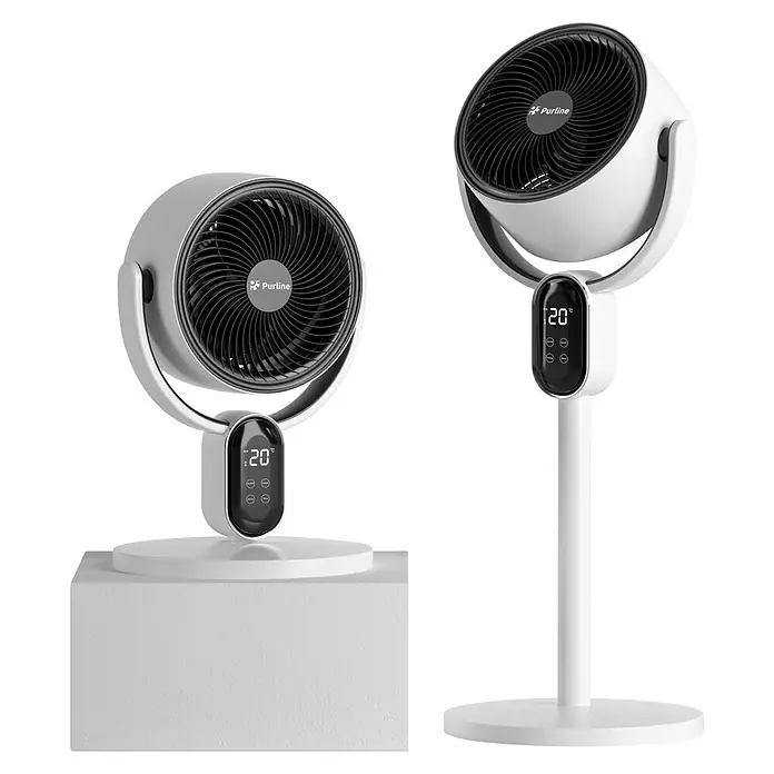 Purline Venty Ventilador de sobremesa Apollo - Blanco - Dos ventiladores Purline, un modelo de mesa y uno de pie, ambos en blanco moderno con indicador de temperatura.
