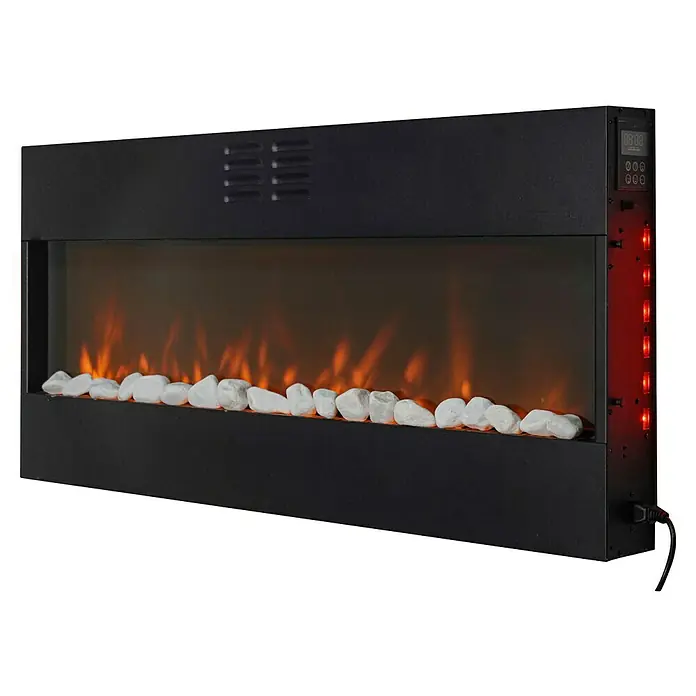 Purline Chimenea eléctrica CHE-505 - Blanco, 2.000 W, 11 x 140 x 56 cm - Chimenea eléctrica con llamas simuladas y piedras blancas decorativas para un ambiente acogedor.