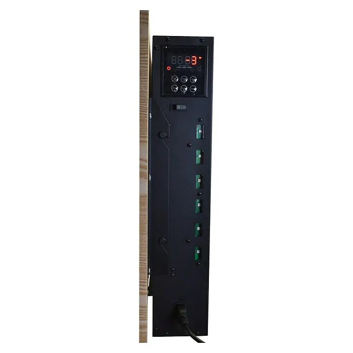 Purline Chimenea eléctrica CHE-530 - Beige, 2.000 W, 11 x 140 x 56 cm - Primer plano del panel de control de un calefactor con pantalla digital, botones, interruptor y cable de alimentación.
