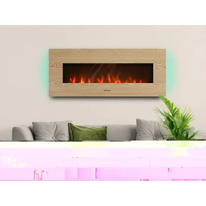 Purline Chimenea eléctrica CHE-530 - Beige, 2.000 W, 11 x 140 x 56 cm - Chimenea eléctrica con aspecto de madera clara e iluminación de fondo LED que crea un ambiente acogedor en la sala de estar.