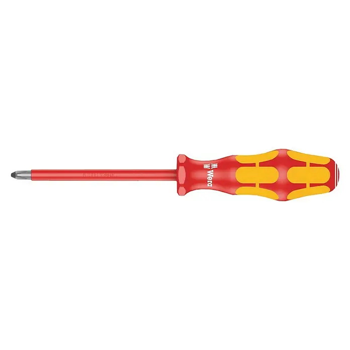 Wera Kraftform Plus VDE Schraubendreher 162 i - PH 2, 100 mm - Bild einer Wera Kreuzschlitzschraubendreher mit rot-gelbem Griff. Das Werkzeug ist für präzise Schraubarbeiten konzipiert.
