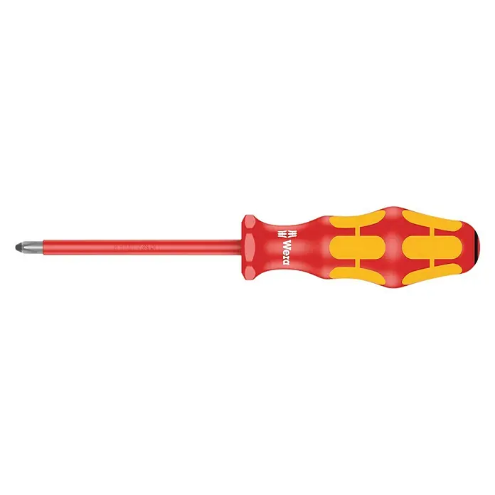 Wera Kraftform Plus VDE Schraubendreher VDE 165 i - PZ 2, 100 mm - Ein roter Wera Schraubendreher mit gelben Akzenten für präzise Schraubarbeiten. Ideal für Handwerker und Heimwerker, die Wert auf Qualität legen.