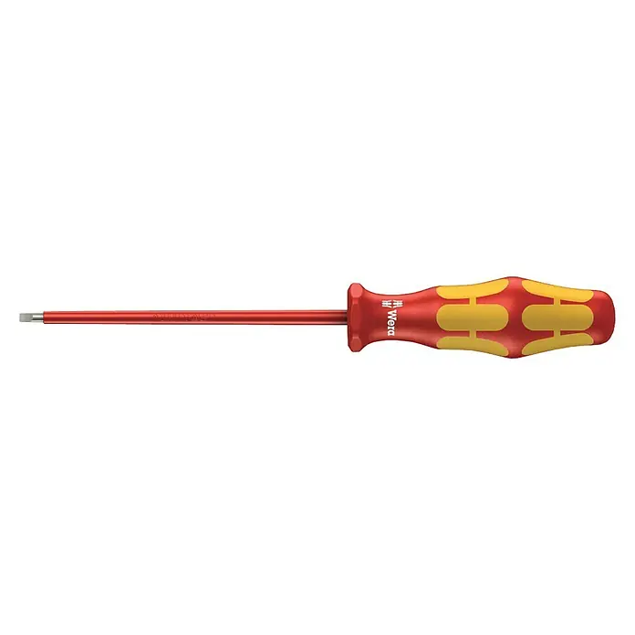 Wera Kraftform Plus VDE Schraubendreher 160 i - Klingenbreite: 3 mm, Klingenlänge: 100 mm - Roter Wera Schraubendreher mit gelben Griffmulden. Ideal für präzises Schrauben und komfortablen Halt. Ein robustes Werkzeug für Profis.