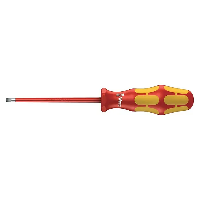 Wera Kraftform Plus VDE Schraubendreher 160 i - Klingenbreite: 4 mm, Klingenlänge: 100 mm - Wera Schraubendreher mit rotem Griff und gelben Akzenten. Ideal für präzise Schraubarbeiten, hohe Qualität und Ergonomie.