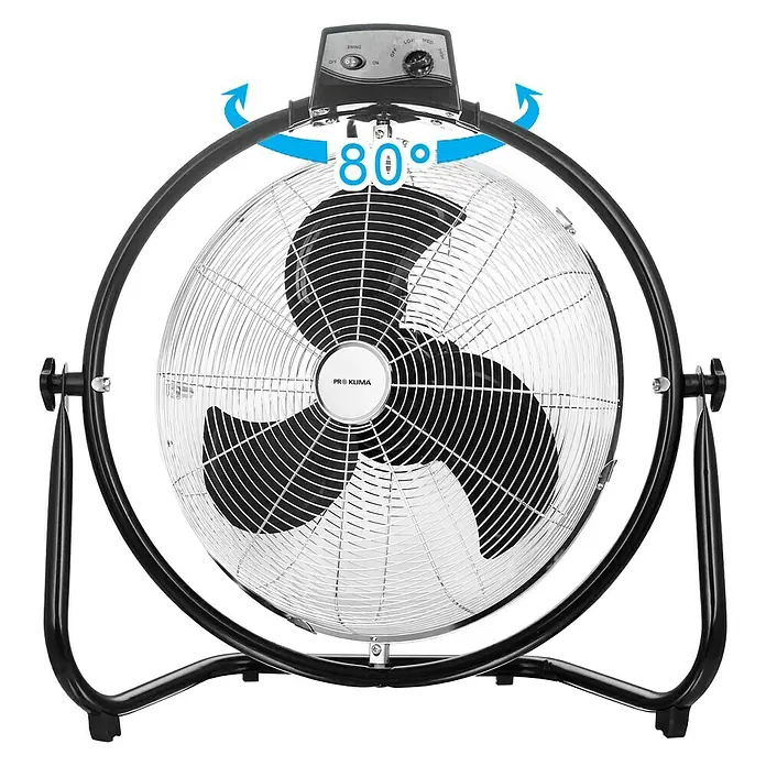 PR Klima Ventilador de suelo Speed - 100 W, Plateado/Negro, 45 cm - Imagen de un ventilador oscilante PRO KLIMA con velocidades ajustables y marco metálico resistente para mayor durabilidad.