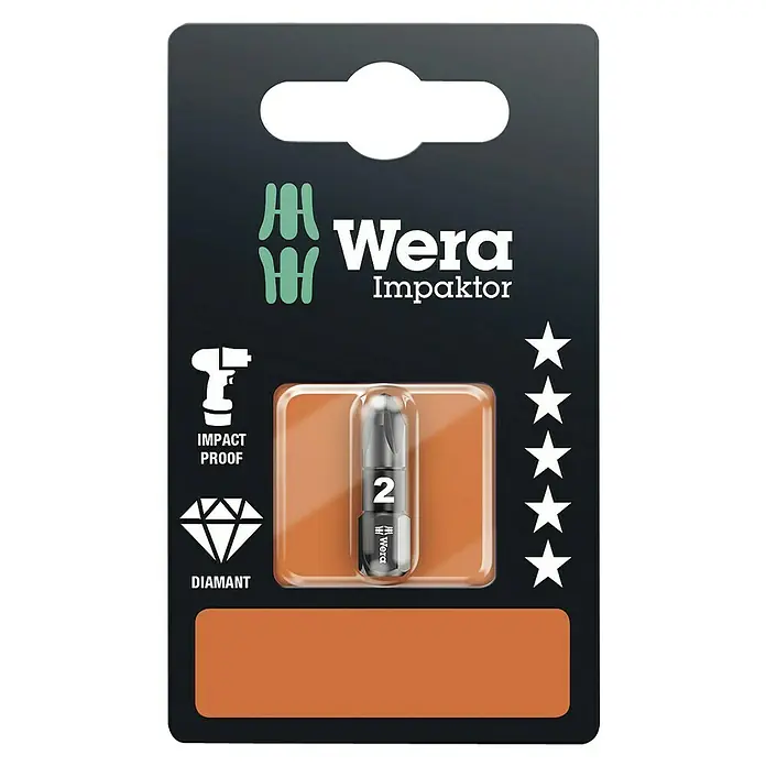 Wera Premium Plus Bit 855/1 Impaktor - PZ 2, 25 mm - Eine Wera Impaktor Bit 2 Packung, ideal für robuste Schraubanwendungen mit Schlagwerkzeugen. Garantiert hohe Leistung und lange Lebensdauer.