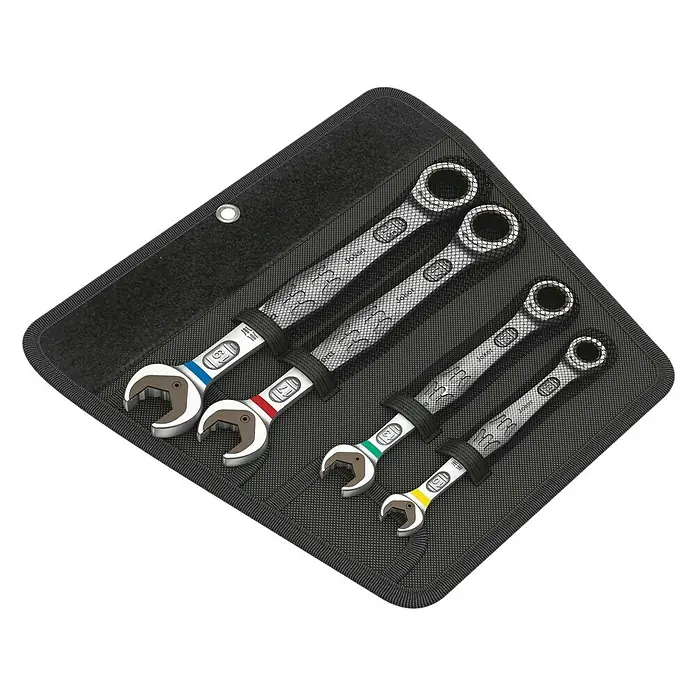 Wera Ringmaulschlüssel-Satz Joker - Schlüsselweite: 10 mm - 19 mm, 4 -tlg. - Set von vier Maulschlüsseln mit Ratschenfunktion in einer schwarzen Werkzeugtasche, ideal für Reparaturen und Heimwerkerprojekte.