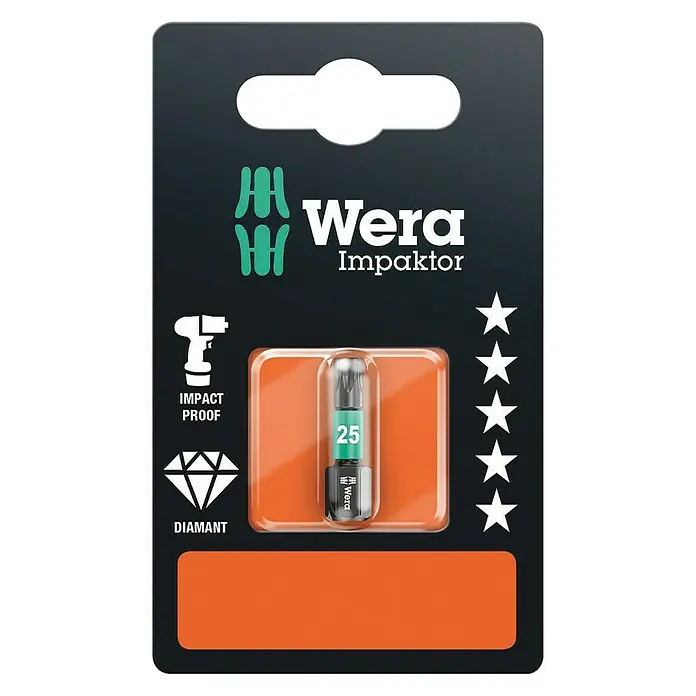 Wera Premium Plus Bit 867/1 Impaktor - TX 25, 25 mm - Wera Impaktor Bit, Größe 25, für robuste Schraubanwendungen. Diamantbeschichtung und Impact Proof Design für lange Lebensdauer.