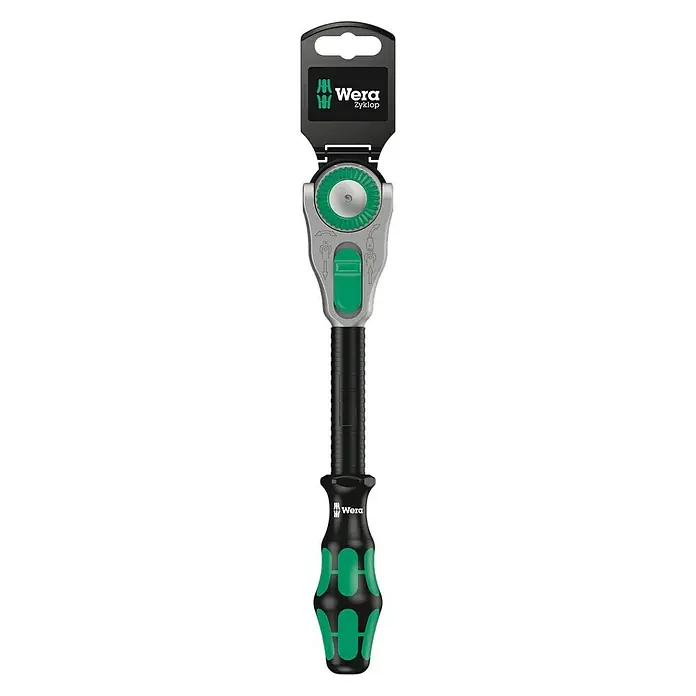 Wera Knarre Zyklop 8000 C - ½″ - Dieses Bild zeigt eine Wera Zyklop Ratsche mit einem ergonomischen Griff und einem markanten, grünen Umschaltmechanismus. Ideal für präzise Schraubarbeiten.