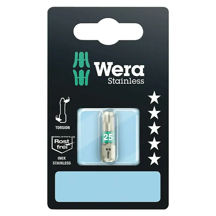 Wera Bit 3867/1 Edelstahl - TX 25, 25 mm - Abbildung einer Wera Edelstahl-Bit-Verpackung, ideal für Schraubarbeiten in korrosiven Umgebungen. Der Bit ist präzise gefertigt für optimale Leistung.